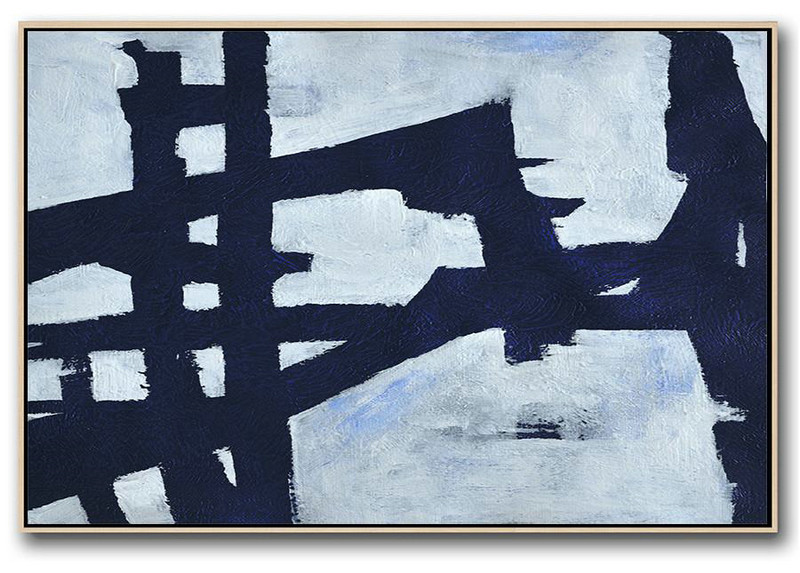 Huge Canvas Art On Canvas,Horizontal Abstract Painting Navy Blue Minimalist Painting On Canvas,Acrylic Minimailist Painting